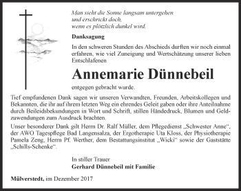 Traueranzeige von Annemarie Dünnebeil von Thüringer Allgemeine, Thüringische Landeszeitung