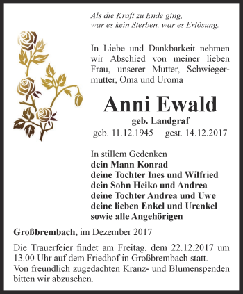 Traueranzeige von Anni Ewald von Thüringer Allgemeine