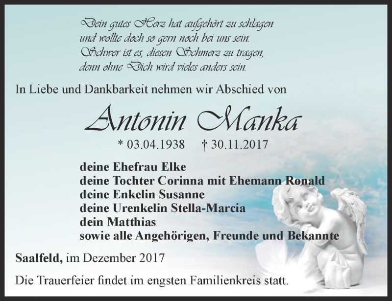  Traueranzeige für Antonin Manka vom 09.12.2017 aus Ostthüringer Zeitung