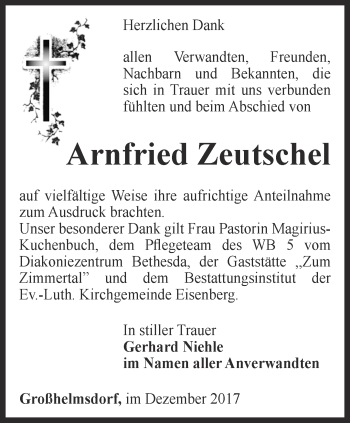 Traueranzeige von Arnfried Zeutschel von Ostthüringer Zeitung