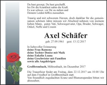 Traueranzeige von Axel Schäfer von Thüringer Allgemeine