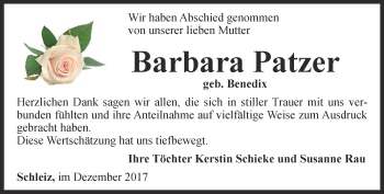 Traueranzeige von Barbara Patzer von Ostthüringer Zeitung