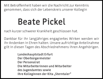 Traueranzeige von Beate Pickel von Thüringer Allgemeine, Thüringische Landeszeitung