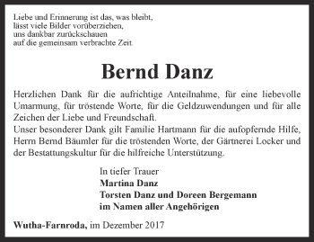 Traueranzeige von Bernd Danz von Thüringer Allgemeine, Thüringische Landeszeitung