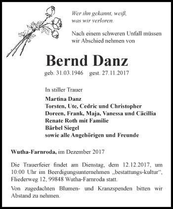 Traueranzeige von Bernd Danz von Thüringer Allgemeine, Thüringische Landeszeitung