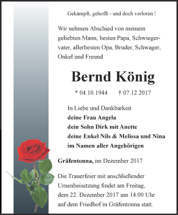 Traueranzeige von Bernd König von Thüringer Allgemeine, Thüringische Landeszeitung