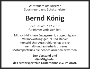 Traueranzeige von Bernd König von Thüringer Allgemeine, Thüringische Landeszeitung