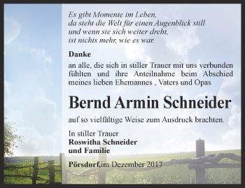 Traueranzeige von Bernd Armin Schneider von Ostthüringer Zeitung