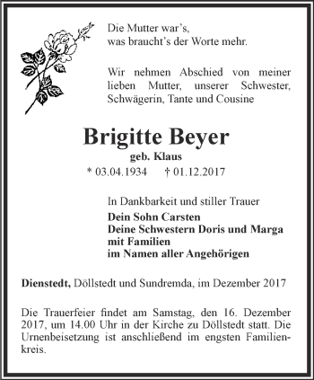 Traueranzeige von Brigitte Beyer von Thüringer Allgemeine