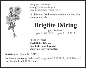 Traueranzeige von Brigitte Döring von Ostthüringer Zeitung