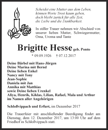 Traueranzeige von Brigitte Hesse von Thüringer Allgemeine