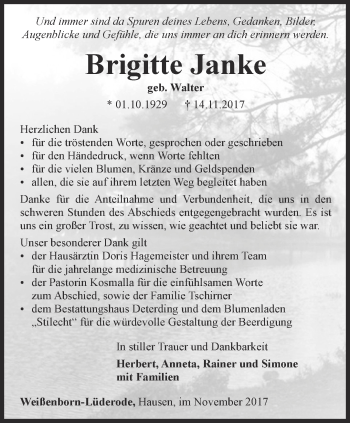 Traueranzeige von Brigitte Janke von Thüringer Allgemeine