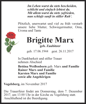 Traueranzeige von Brigitte Marx von Thüringer Allgemeine