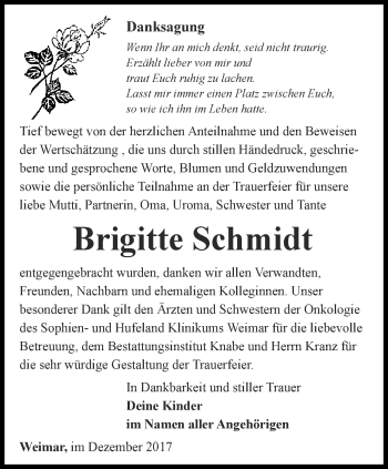 Traueranzeige von Brigitte Schmidt von Thüringer Allgemeine, Thüringische Landeszeitung