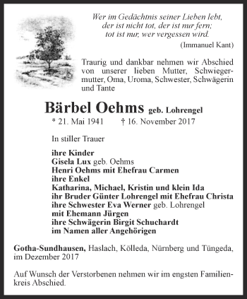 Traueranzeige von Bärbel Oehms von Ostthüringer Zeitung, Thüringische Landeszeitung