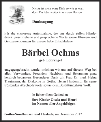 Traueranzeige von Bärbel Oehms von Ostthüringer Zeitung, Thüringische Landeszeitung