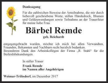 Traueranzeige von Bärbel Remde von Thüringer Allgemeine, Thüringische Landeszeitung