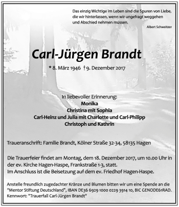 Traueranzeige von Carl-Jürgen Brandt von Ostthüringer Zeitung, Thüringische Landeszeitung