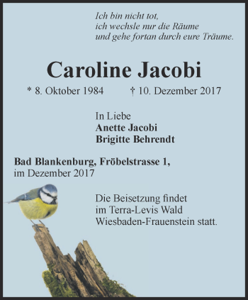 Traueranzeige von Caroline Jacobi von Ostthüringer Zeitung