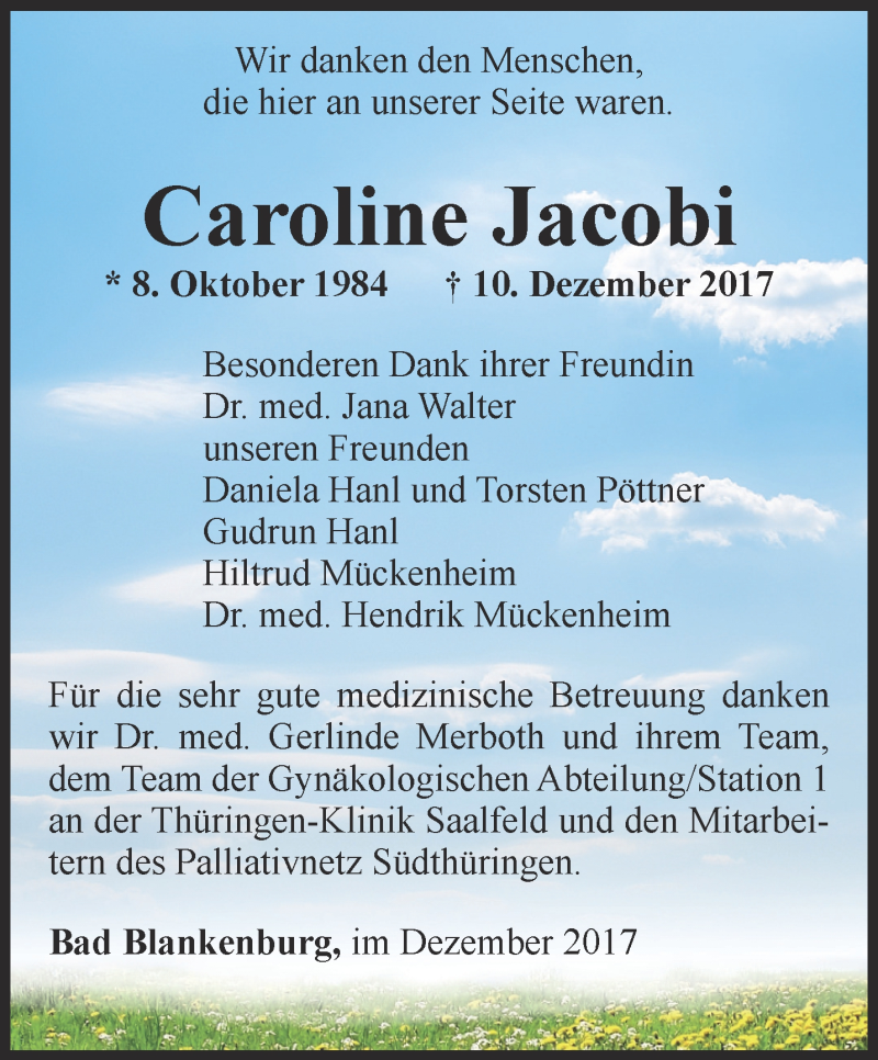 Traueranzeige für Caroline Jacobi vom 22.12.2017 aus Ostthüringer Zeitung