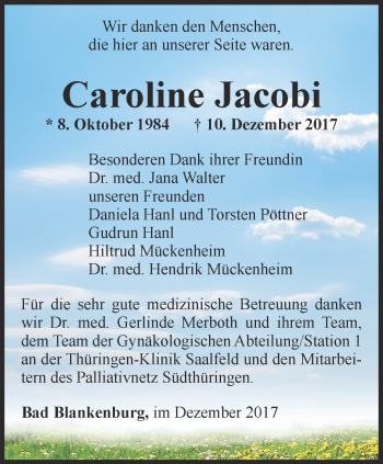 Traueranzeige von Caroline Jacobi von Ostthüringer Zeitung