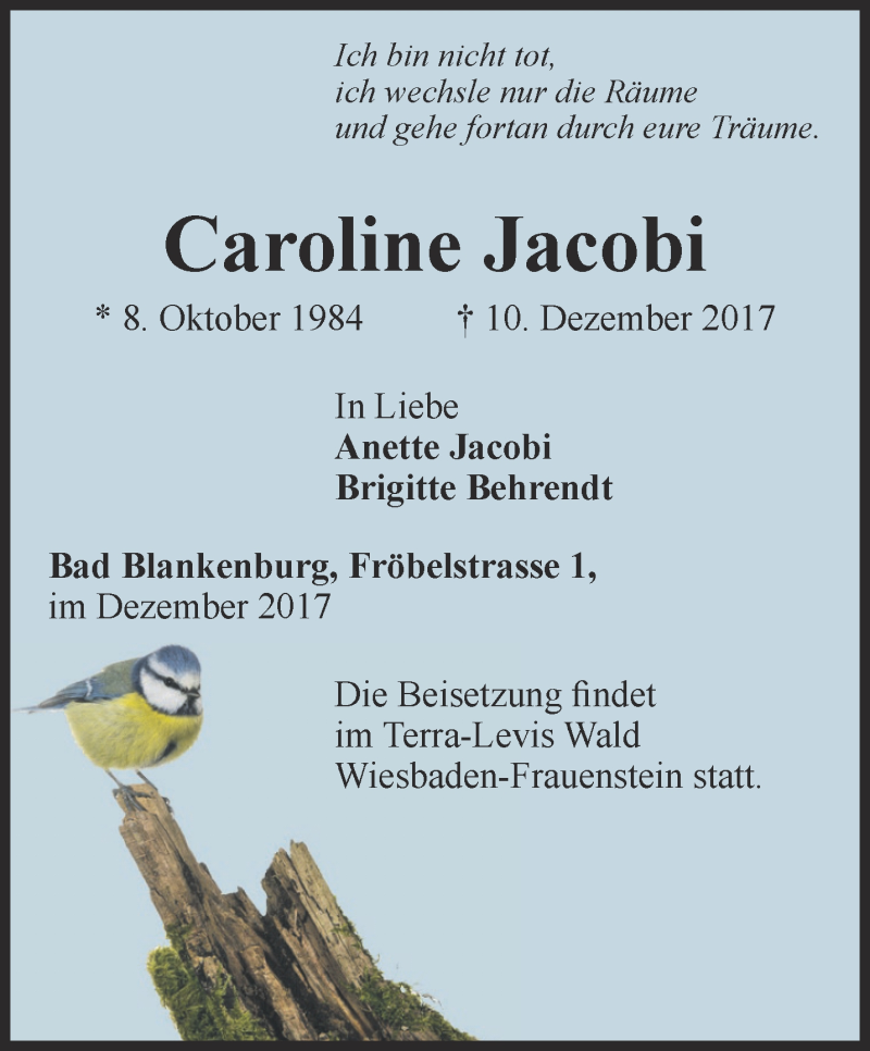  Traueranzeige für Caroline Jacobi vom 15.12.2017 aus Ostthüringer Zeitung