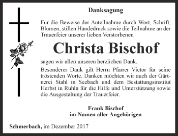 Traueranzeige von Christa Bischof von Ostthüringer Zeitung, Thüringische Landeszeitung