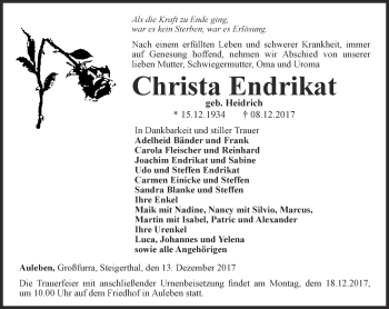 Traueranzeige von Christa Endrikat von Thüringer Allgemeine