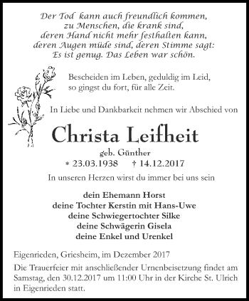 Traueranzeige von Christa Leifheit von Thüringer Allgemeine, Thüringische Landeszeitung