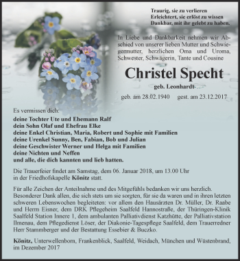 Traueranzeige von Christel Specht  von Ostthüringer Zeitung