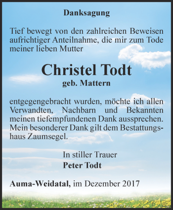 Traueranzeige von Christel Todt von Ostthüringer Zeitung