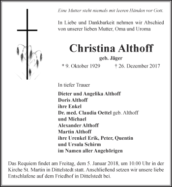 Traueranzeige von Christina Althoff von Thüringer Allgemeine, Thüringische Landeszeitung