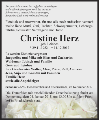 Traueranzeige von Christine Herz von Ostthüringer Zeitung, Thüringische Landeszeitung