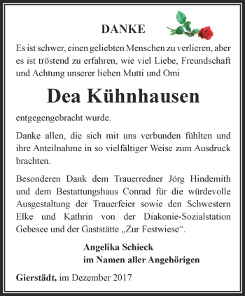 Traueranzeige von Dea Kühnhausen von Thüringer Allgemeine, Thüringische Landeszeitung