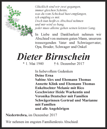 Traueranzeige von Dieter Birnschein von Thüringer Allgemeine, Thüringische Landeszeitung