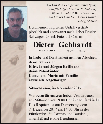 Traueranzeige von Dieter Gebhardt von Thüringer Allgemeine