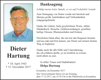 Traueranzeige von Dieter Hartung von Thüringer Allgemeine