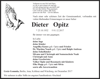 Traueranzeige von Dieter Opitz von Ostthüringer Zeitung