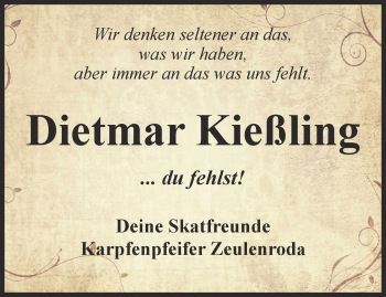 Traueranzeige von Dietmar Kießling von Ostthüringer Zeitung