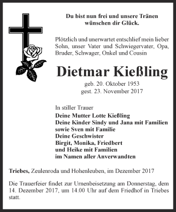 Traueranzeige von Dietmar Kießling von Ostthüringer Zeitung