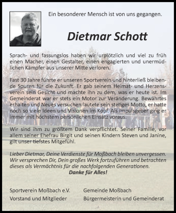 Traueranzeige von Dietmar Schott von Ostthüringer Zeitung