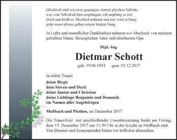 Traueranzeige von Dietmar Schott von Ostthüringer Zeitung