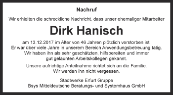 Traueranzeige von Dirk Hanisch von Thüringer Allgemeine, Thüringische Landeszeitung