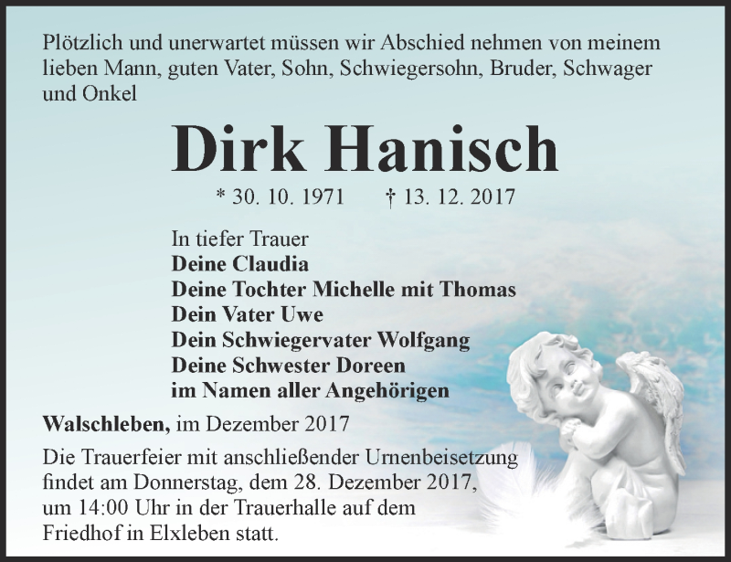  Traueranzeige für Dirk Hanisch vom 23.12.2017 aus Thüringer Allgemeine, Thüringische Landeszeitung