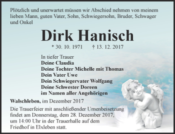 Traueranzeige von Dirk Hanisch von Thüringer Allgemeine, Thüringische Landeszeitung