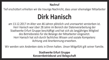 Traueranzeige von Dirk Hanisch von Thüringer Allgemeine, Thüringische Landeszeitung