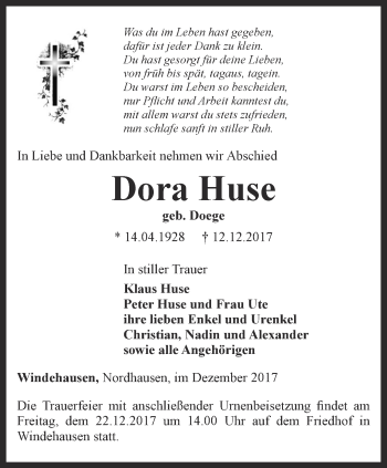 Traueranzeige von Dora Huse von Thüringer Allgemeine