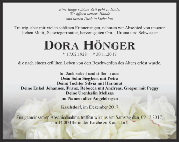 Traueranzeige von Dora Hönger von Ostthüringer Zeitung