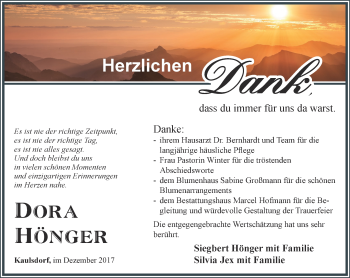 Traueranzeige von Dora Hönger von Ostthüringer Zeitung