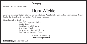 Traueranzeige von Dora Wiehle von Ostthüringer Zeitung